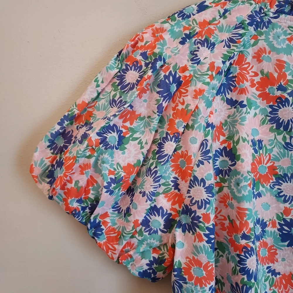 Anthropologie Banjanan Tammy Top Floral Short Puff Sleeve Blouse Large NEW NWT